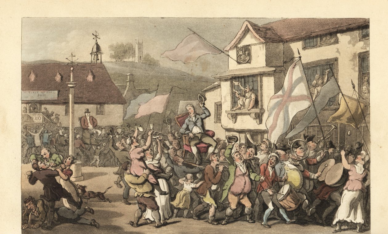 Englischer Herr in einer Sänfte für eine Wahl getragen von Thomas Rowlandson