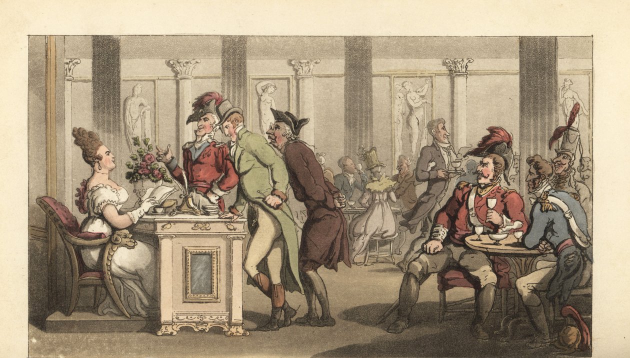 Englischer Gentleman flirtet mit der schönen Limonadiere in einem Café in Paris von Thomas Rowlandson