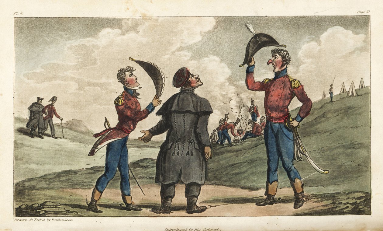 Fähnrich Johnny Newcome wird dem Oberst seines Regiments vor der Schlacht von Salamanca vorgestellt. Handkolorierte Kupferstichgravur gezeichnet und radiert von Thomas Rowlandson aus Colonel David Roberts