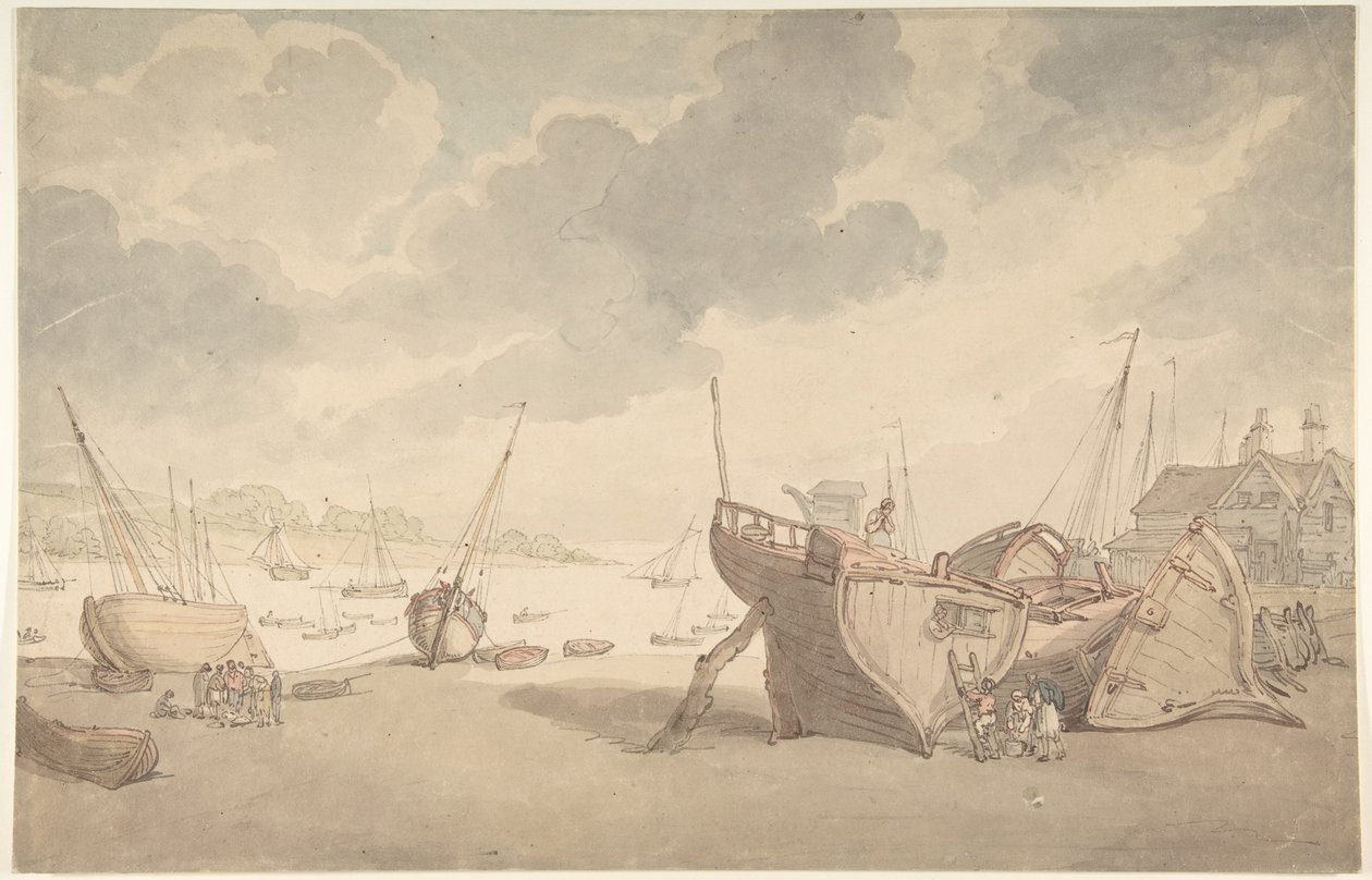 Hafenszene bei Ebbe mit gestrandeten Booten von Thomas Rowlandson
