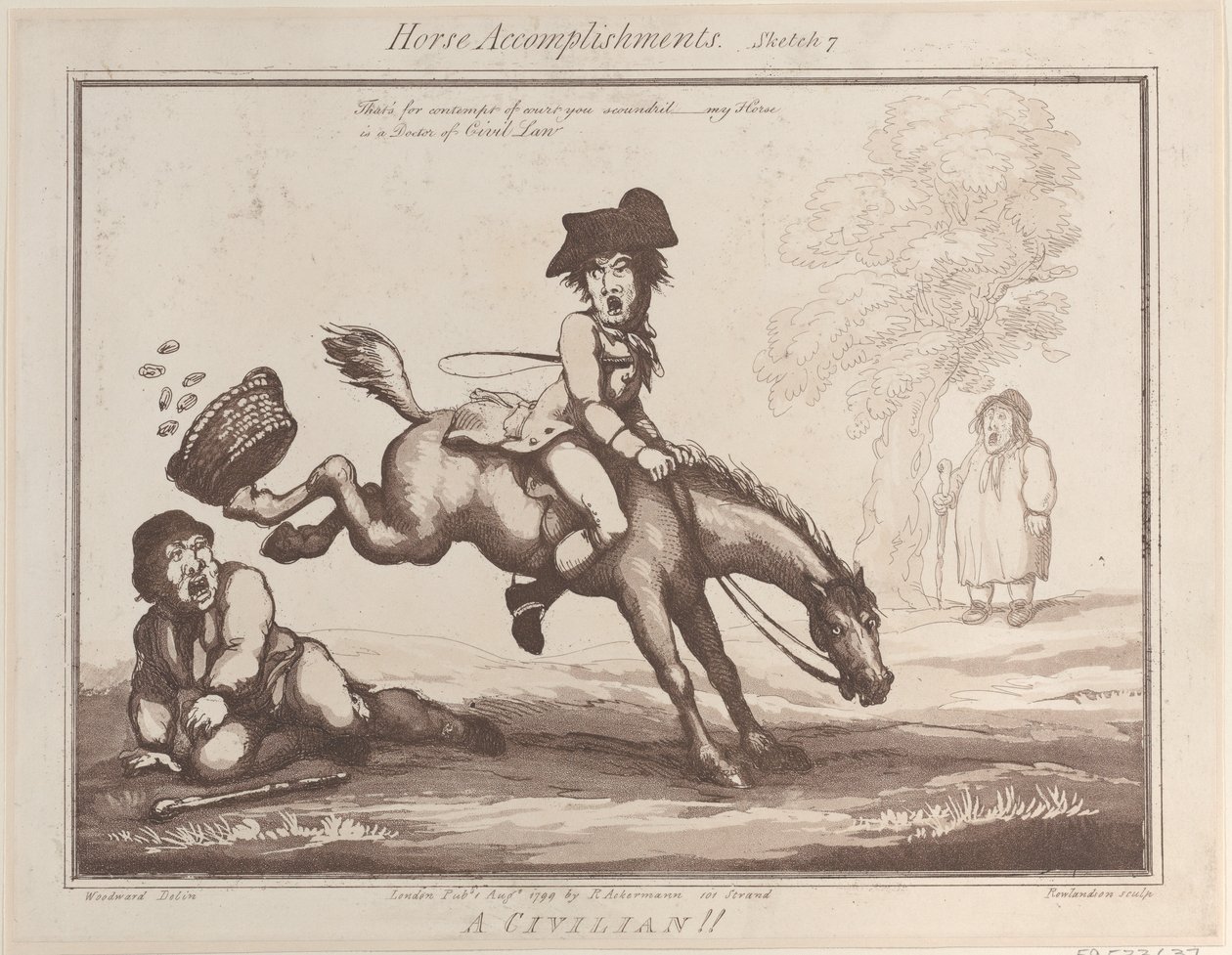 Pferdefähigkeiten, Skizze 7: Ein Zivilist!!, 1. August 1799 von Thomas Rowlandson