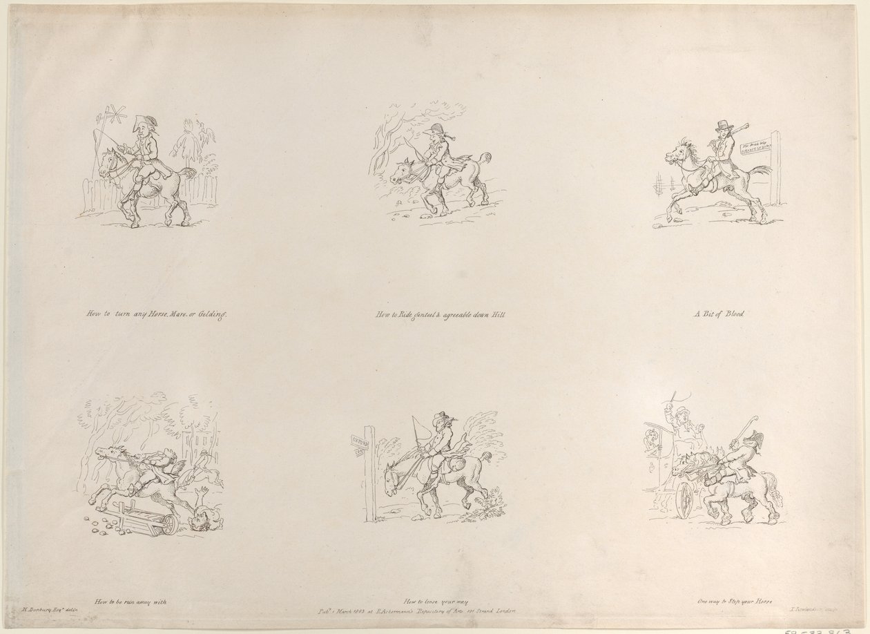 Wie man jedes Pferd, jede Stute oder jeden Wallach wendet, wie man elegant und angenehm den Hügel hinunter reitet von Thomas Rowlandson