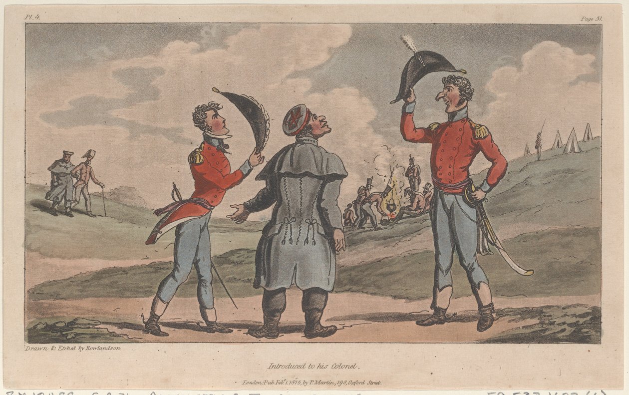 Einführung bei seinem Oberst, aus Die militärischen Abenteuer von Johnny Newcome, 1815 von Thomas Rowlandson