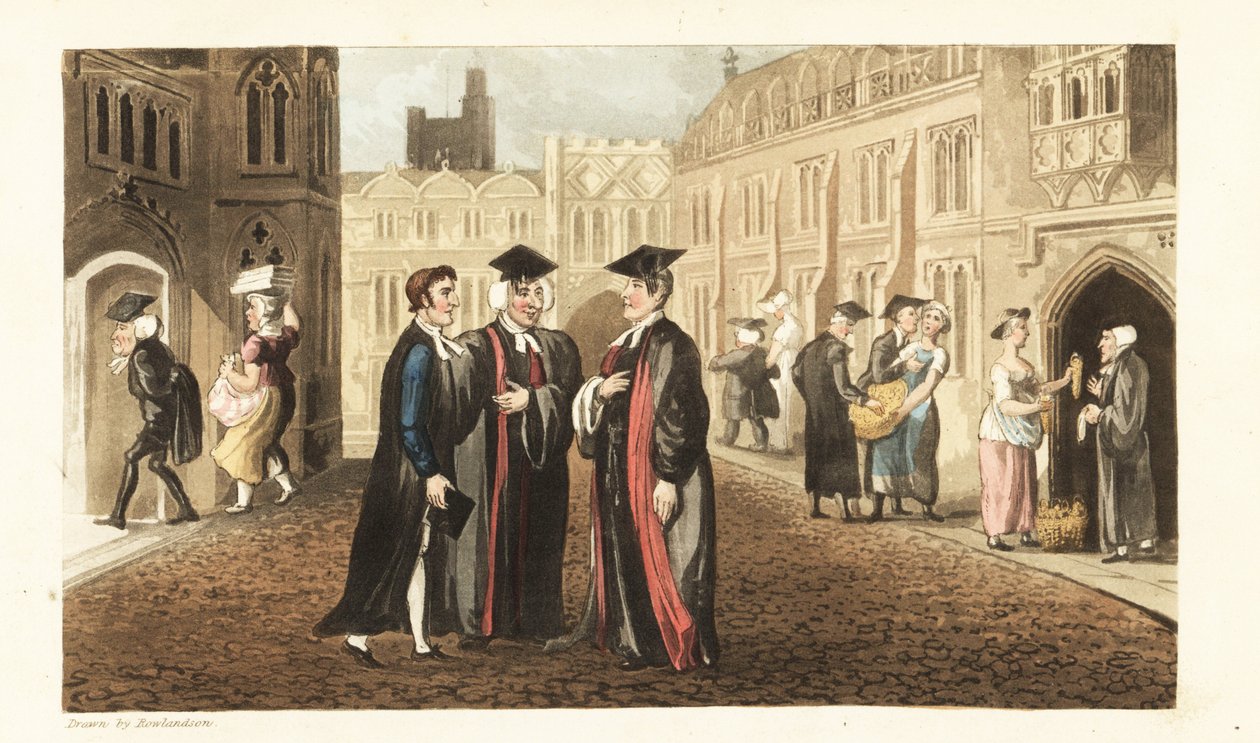 Johnny in Roben spricht mit Dons an der Universität Oxford, während andere Gelehrte und Studenten Mais von Lebensmittelhändlern kaufen und Dienstmädchen belästigen von Thomas Rowlandson