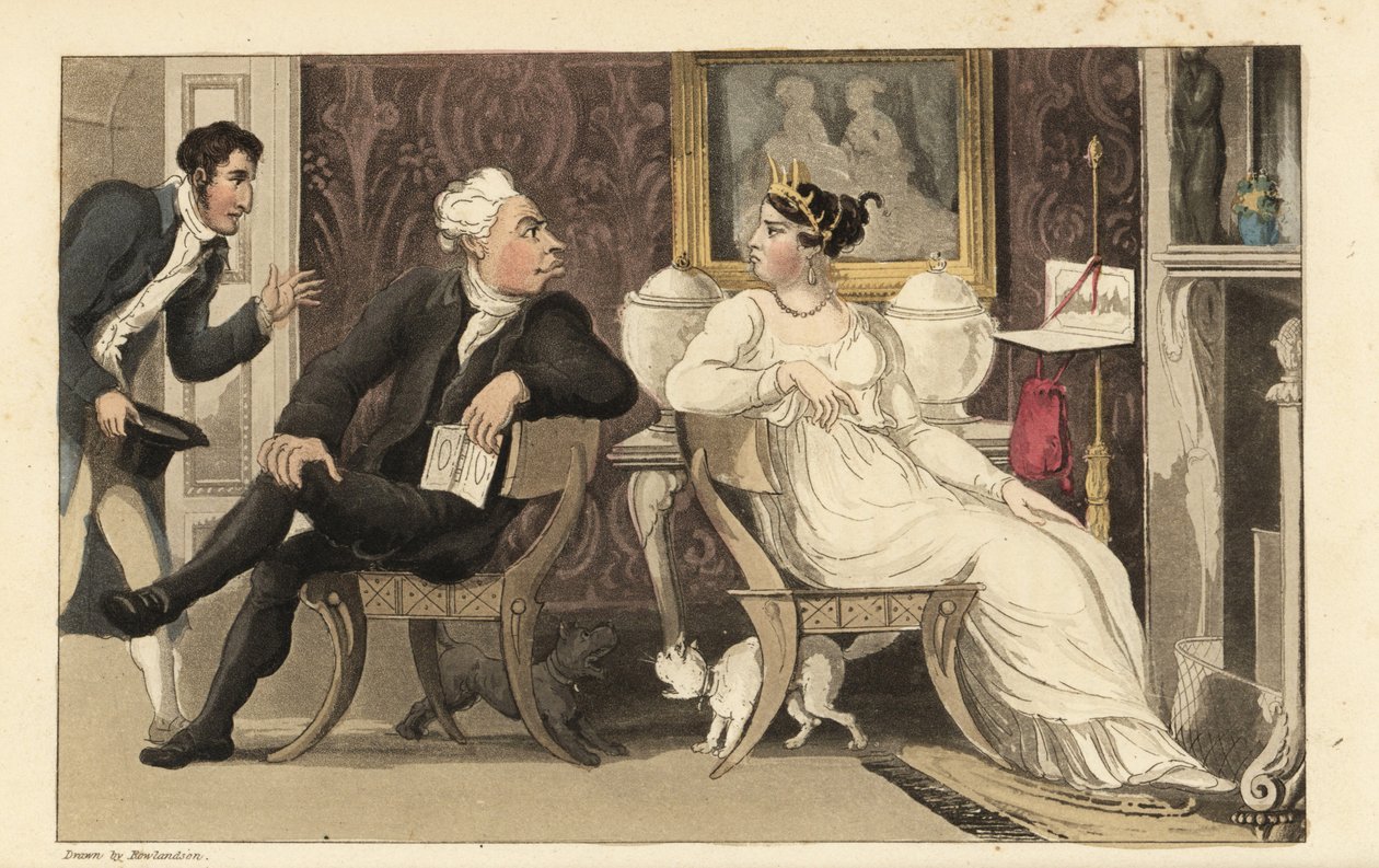 Johnny unterbricht einen Streit zwischen Gästen auf einer Party in einem Regency-Salon. Handkolorierte Kupferstichgravur von Thomas Rowlandson aus William Combes The History of Johnny Quae Genus, the Little Foundling of the late Doctor Syntax. von Thomas Rowlandson