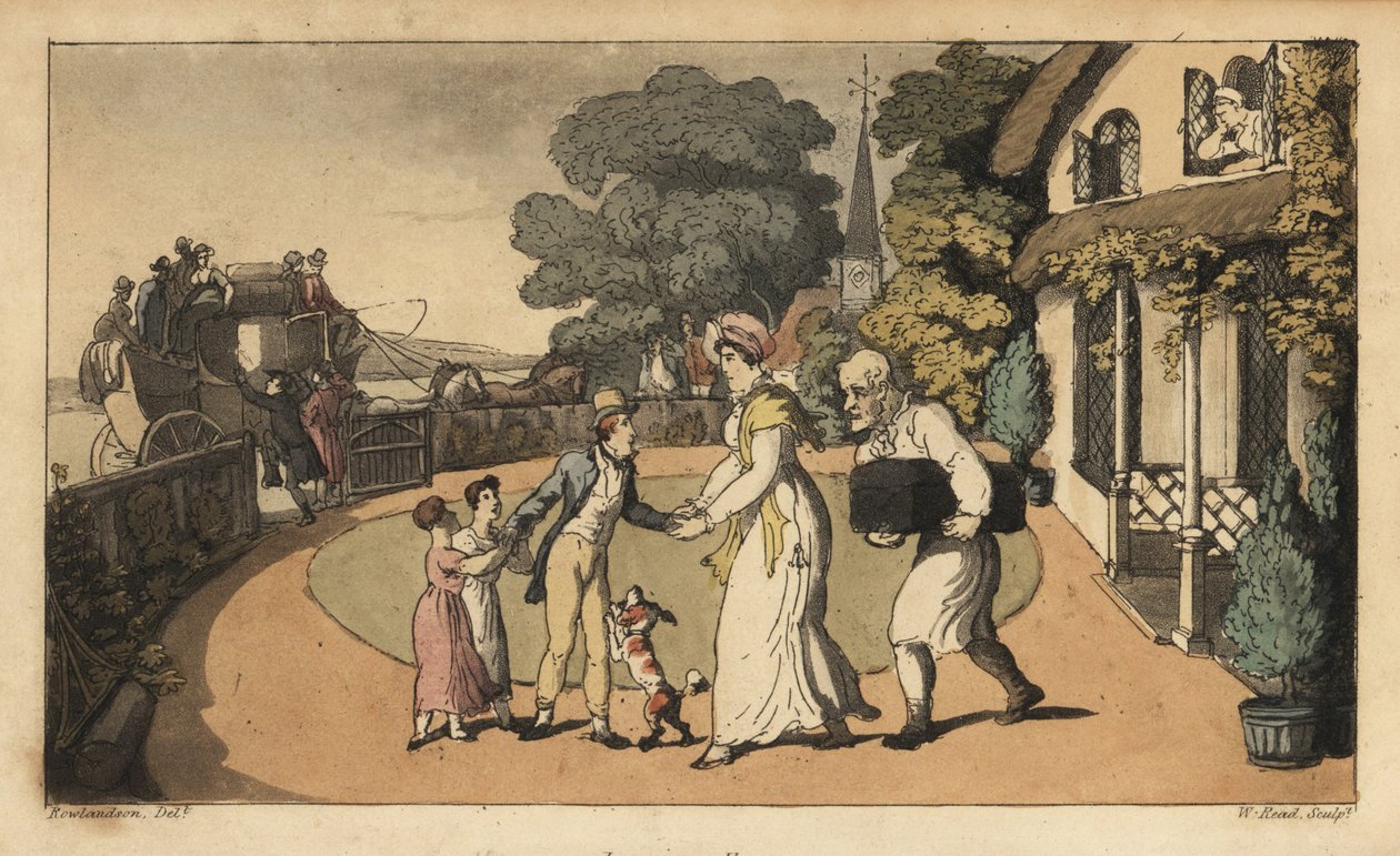 Johnny verabschiedet sich von seiner Mutter und seinen Schwestern, als er sich auf der Postkutsche zur Royal Navy begibt. Handkolorierter Kupferstich von W. Read nach einer Illustration von Thomas Rowlandson aus Alfred Burtons 