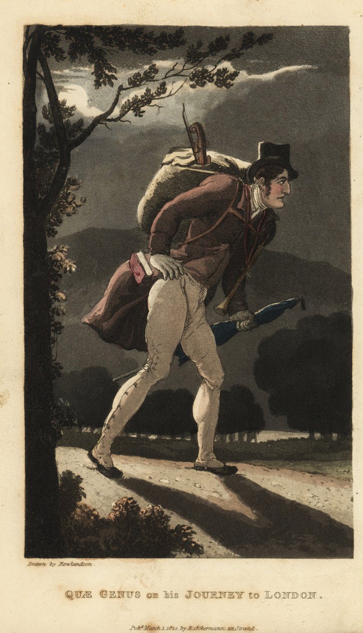 Johnny geht auf der mondbeschienenen Straße nach London. Er hat einen Rucksack mit einer Geige, ein Buch in seiner Manteltasche und trägt einen Regenschirm. Handkolorierte Kupferstichgravur von Thomas Rowlandson aus William Combes Die Geschichte von Johnny von Thomas Rowlandson