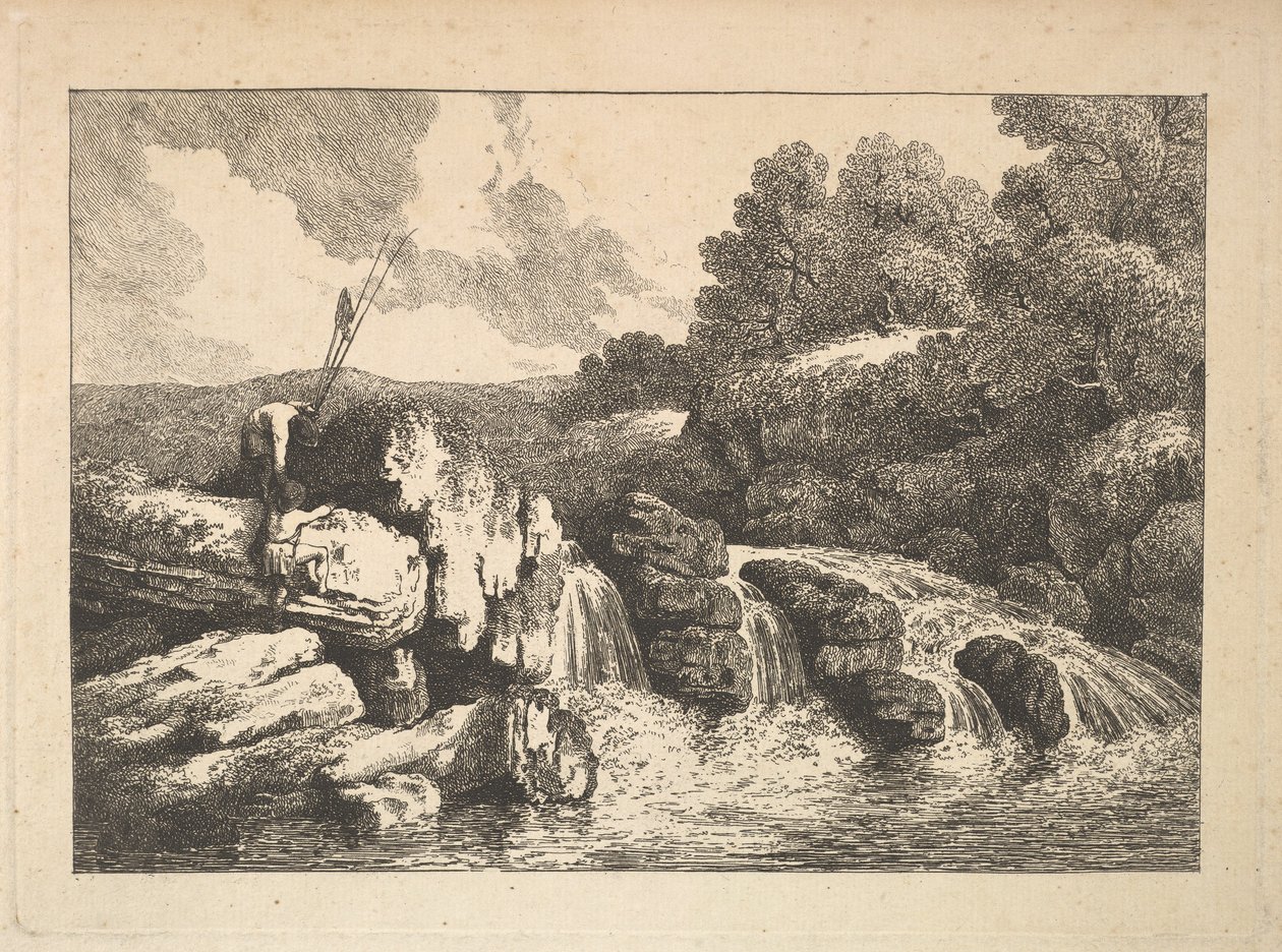 Landschaft mit zwei Fischern, die Felsen neben einem Wasserfall erklimmen, 1784-88 von Thomas Rowlandson