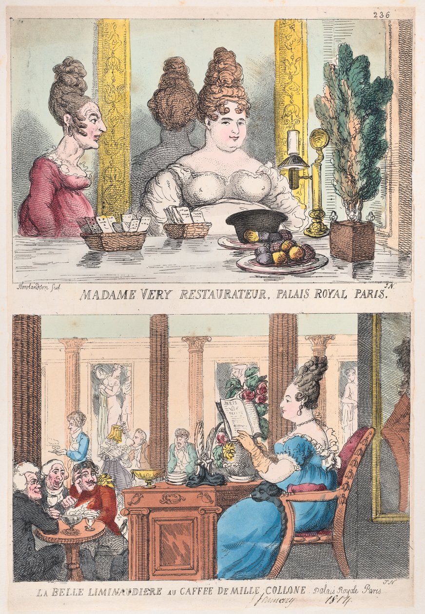 Madame Very Restauranteur, Palais Royal Paris und La Belle Liminaudiere im Café De Mille..., 1814 von Thomas Rowlandson
