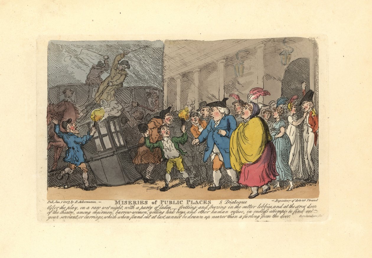 Mann und Damen suchen im Regen nach einer Kutsche in einer Menschenmenge von Thomas Rowlandson