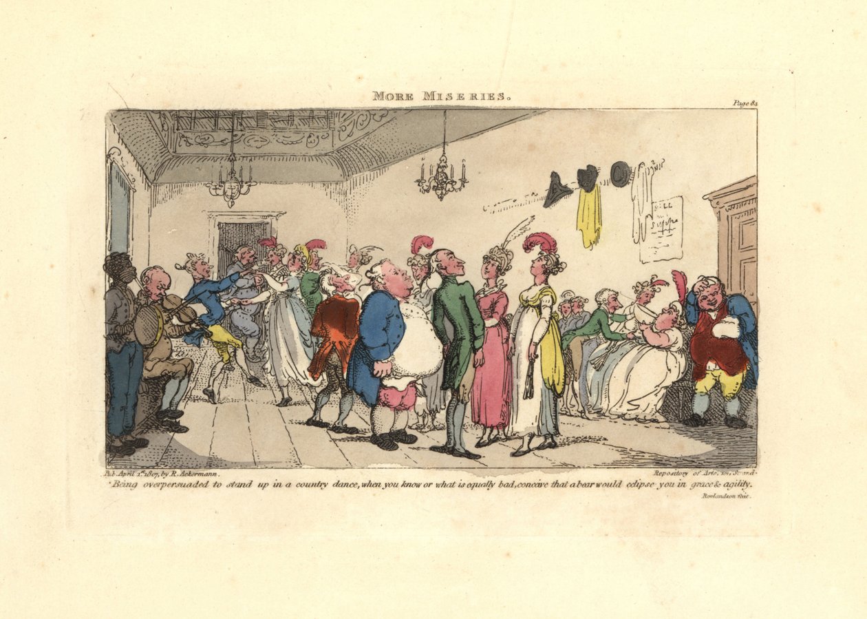 Mann verlegen, weil er bei einem Dorftanz tanzen muss von Thomas Rowlandson