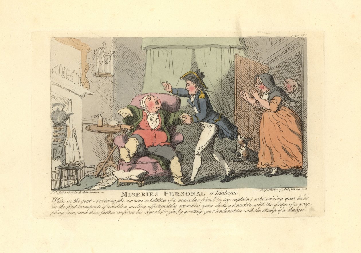 Mann mit Gicht wird schmerzhaft von einem Seemann begrüßt von Thomas Rowlandson