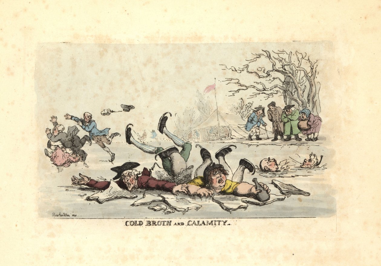 Männer und Frauen, die auf dünnem Eis Schlittschuh laufen und in einen gefrierenden Fluss fallen von Thomas Rowlandson