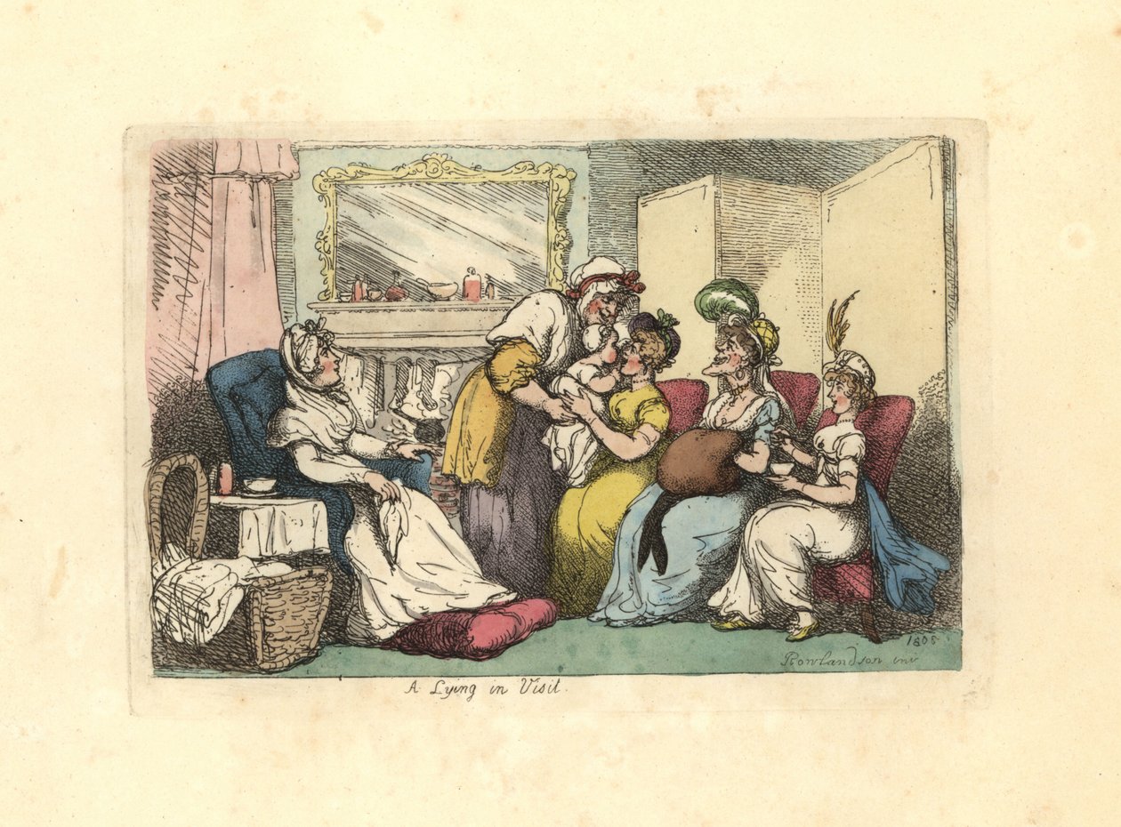 Mutter mit neugeborenem Baby, besucht von mehreren Frauen in einem Salon von Thomas Rowlandson