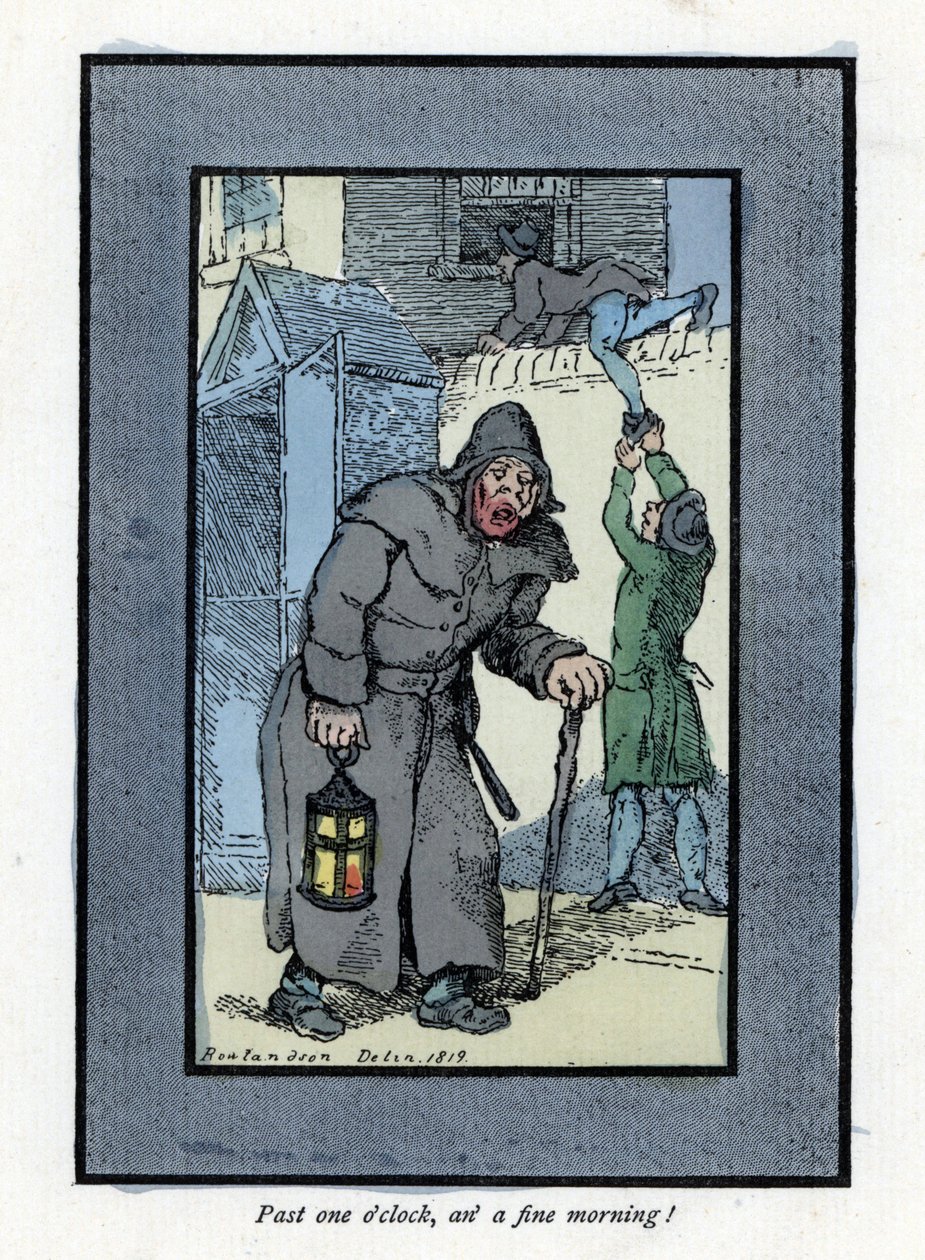 Nachtwächter mit seiner Laterne und seinem Stock, unaufmerksam gegenüber zwei Einbrechern, die ein Haus betreten (1819). Holzstich, basierend auf einem Gemälde von Thomas Rowlandson (1756-1827), veröffentlicht in The Cris of London. von Thomas Rowlandson