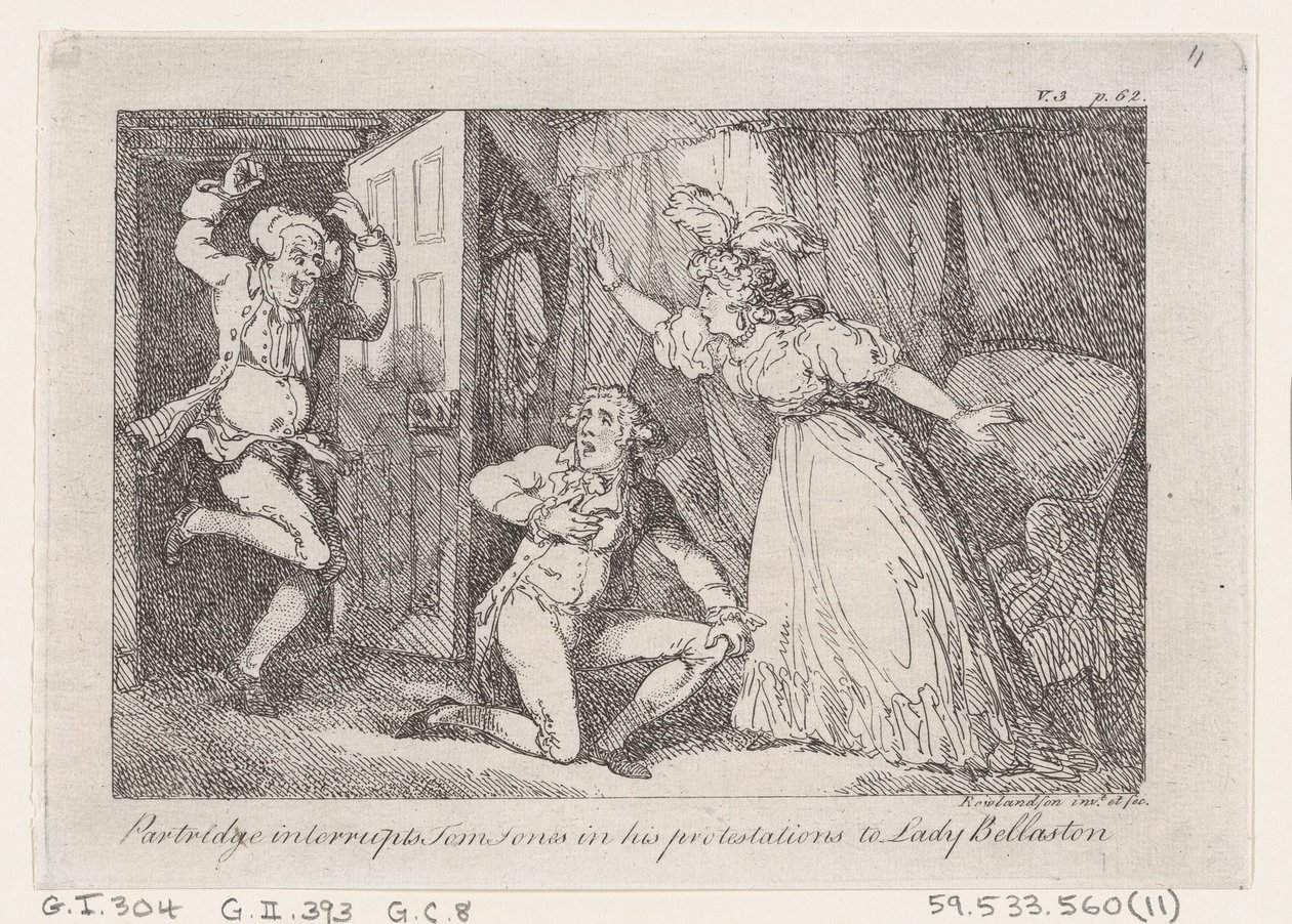 Partridge unterbricht Tom Jones in seinen Protestationen gegenüber Lady Bellaston, aus Die Geschichte von Tom Jones, 1792 von Thomas Rowlandson