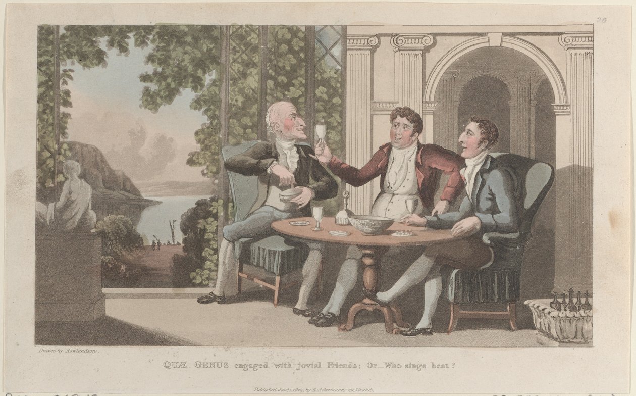Quae Genus mit fröhlichen Freunden beschäftigt, oder-Wer singt am besten, aus Die Geschichte von Johnny Quae Genus von Thomas Rowlandson