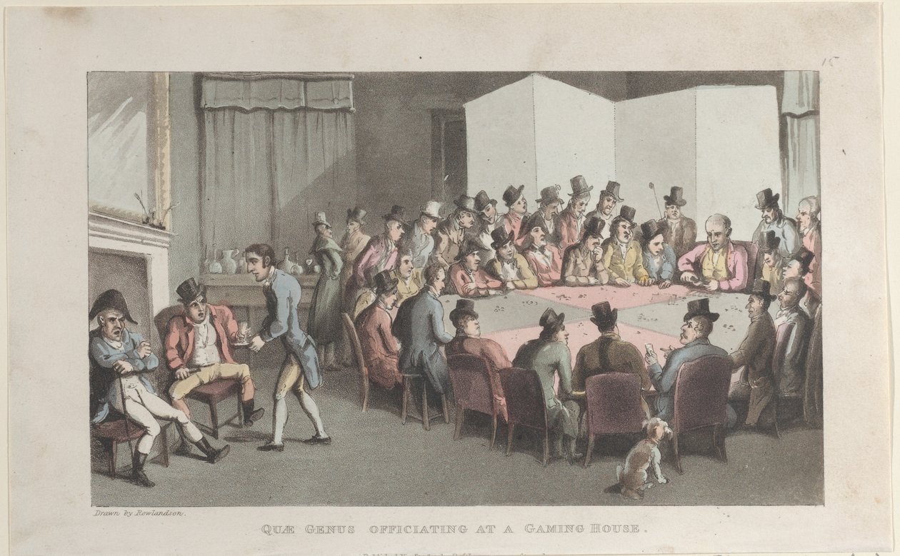 Quae Genus bei der Amtshandlung in einem Spielhaus, aus der Geschichte von Johnny Quae Gen von Thomas Rowlandson