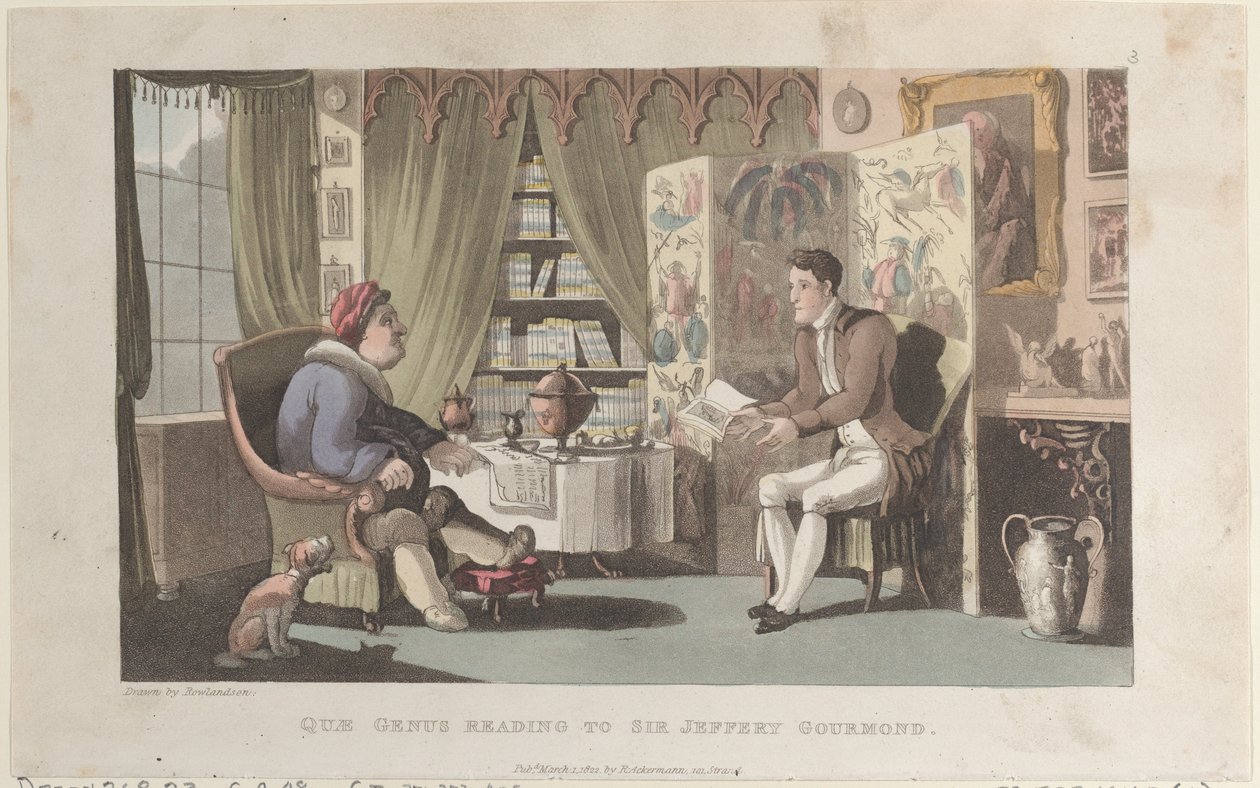 Quae Genus liest Sir Jeffery Gourmand vor, aus The History of Johnny Quae Genu von Thomas Rowlandson