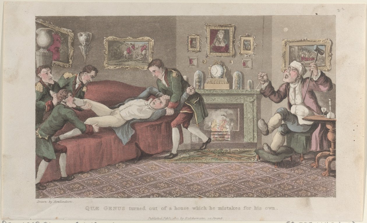 Quae Genus aus einem Haus geworfen, das er für sein eigenes hält, aus The History, 1. Februar 1822 von Thomas Rowlandson