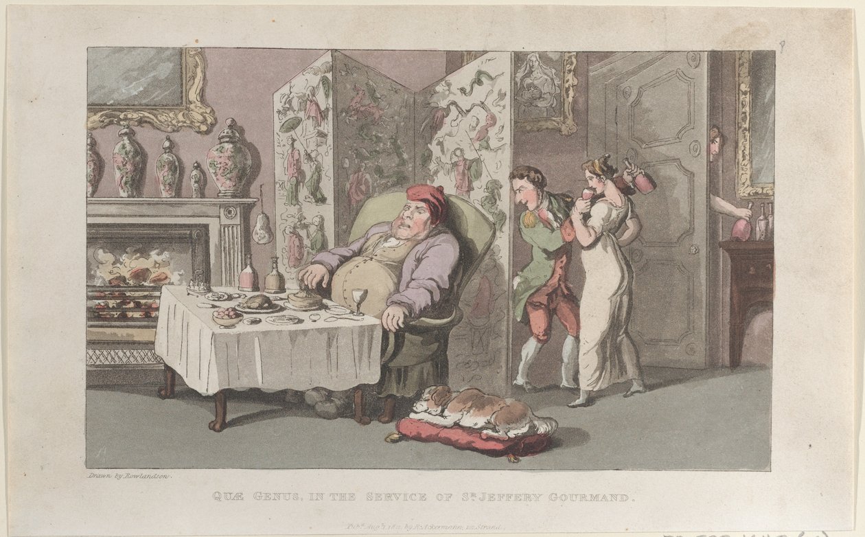 Quae Genus, im Dienst von Sr. Jeffery Gourmand, aus der Geschichte von Johnny, 1. August 1821 von Thomas Rowlandson
