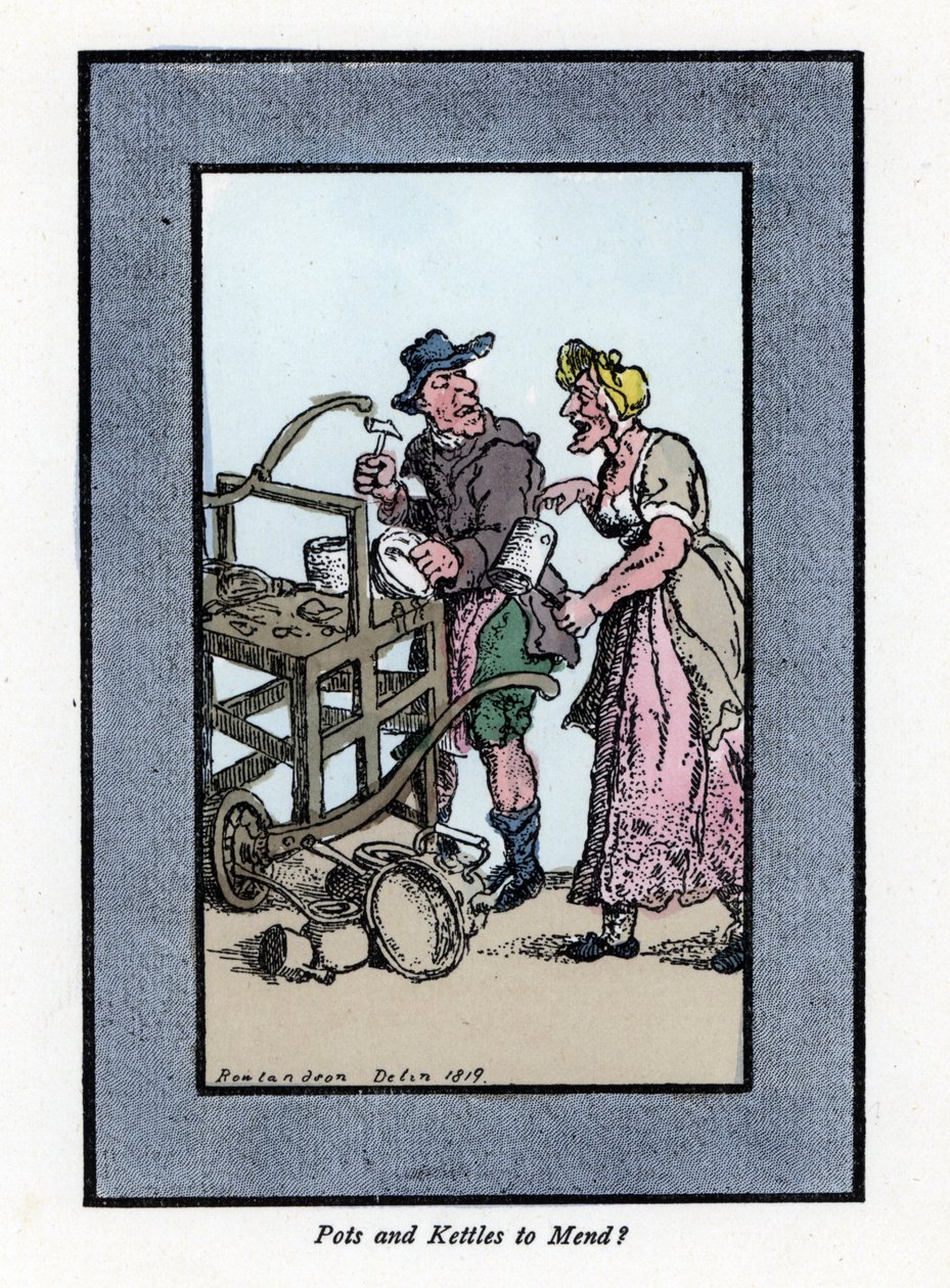 Wandernder Handwerker zeigt den Boden eines Topfes. Holzstich nach einem Gemälde von Thomas Rowlandson, veröffentlicht in 