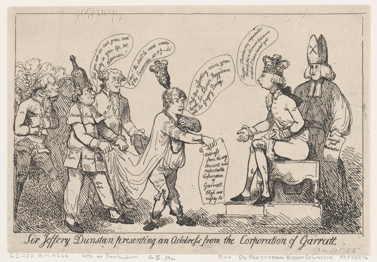 Sir Jeffery Dunstan präsentiert eine Adresse der Corporation of Garratt von Thomas Rowlandson