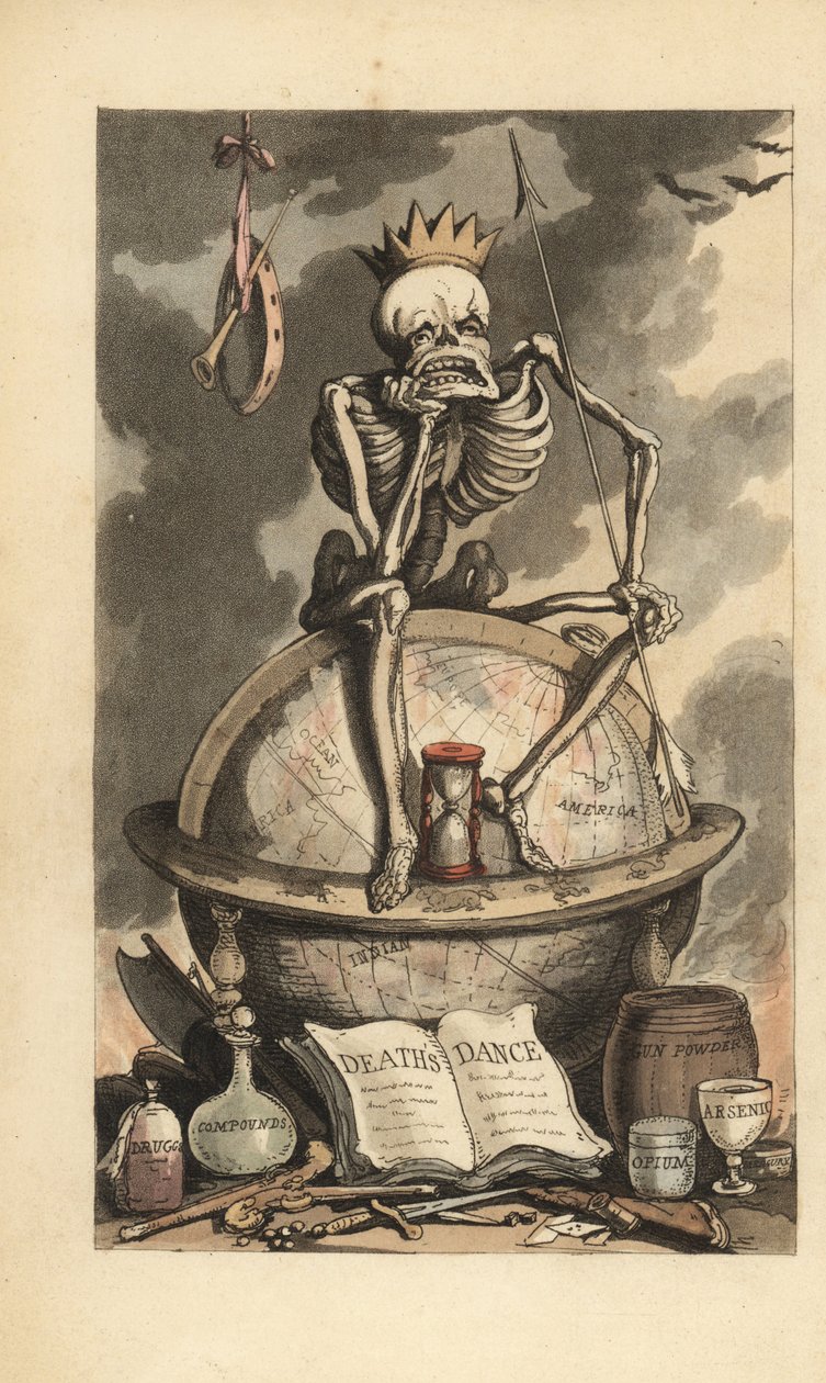 Skelett mit Krone, Speer und Sanduhr, sitzend auf einem Globus über verschiedenen tödlichen Waffen, Pistolen, Messern, Giften und Drogen. Handkolorierte Kupferstichzeichnung und -gravur von Thomas Rowlandson aus The English Dance of Death, Ackermann, Londo von Thomas Rowlandson