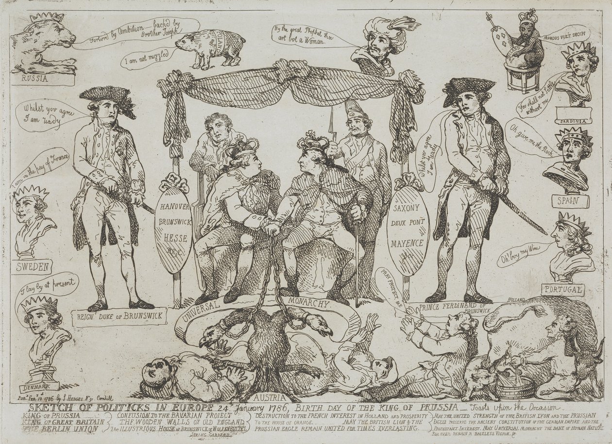 Skizze der Politik in Europa, 24. Januar 1786 - Geburtstag des Königs von Preußen von Thomas Rowlandson