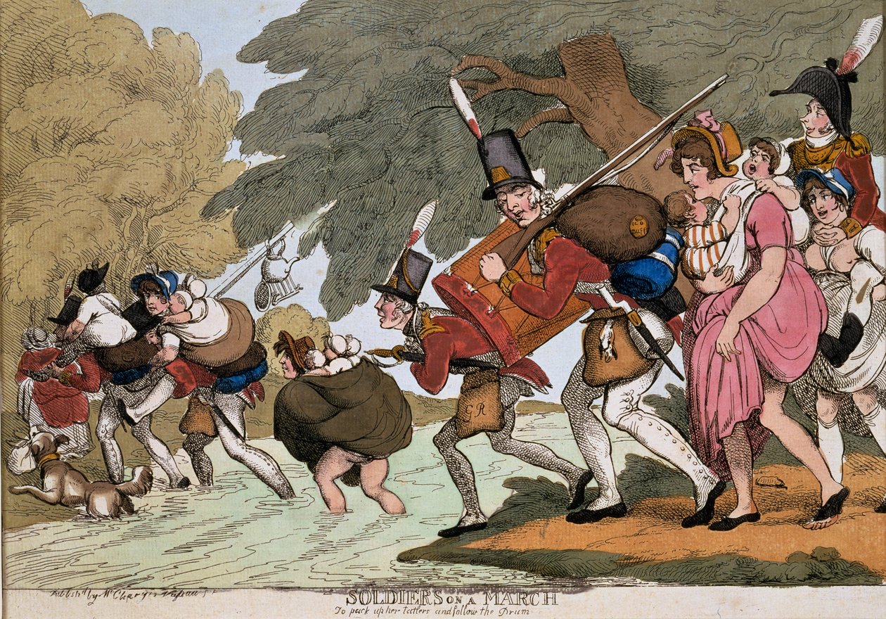 Soldaten auf einem Marsch, Gravur von G.M. Woodward, veröffentlicht 1811 von Thomas Rowlandson