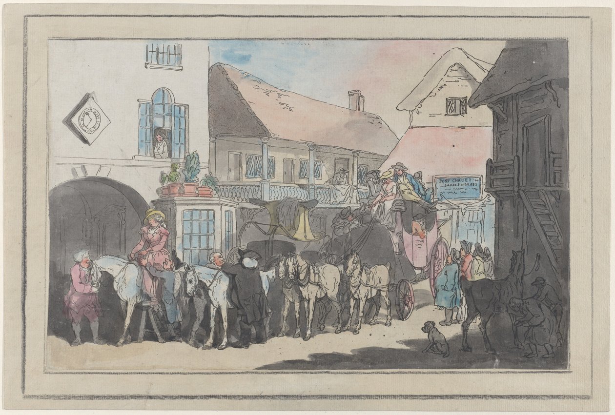Postkutsche und Reiter im Hof eines Gasthauses, bereit zur Abfahrt von Thomas Rowlandson