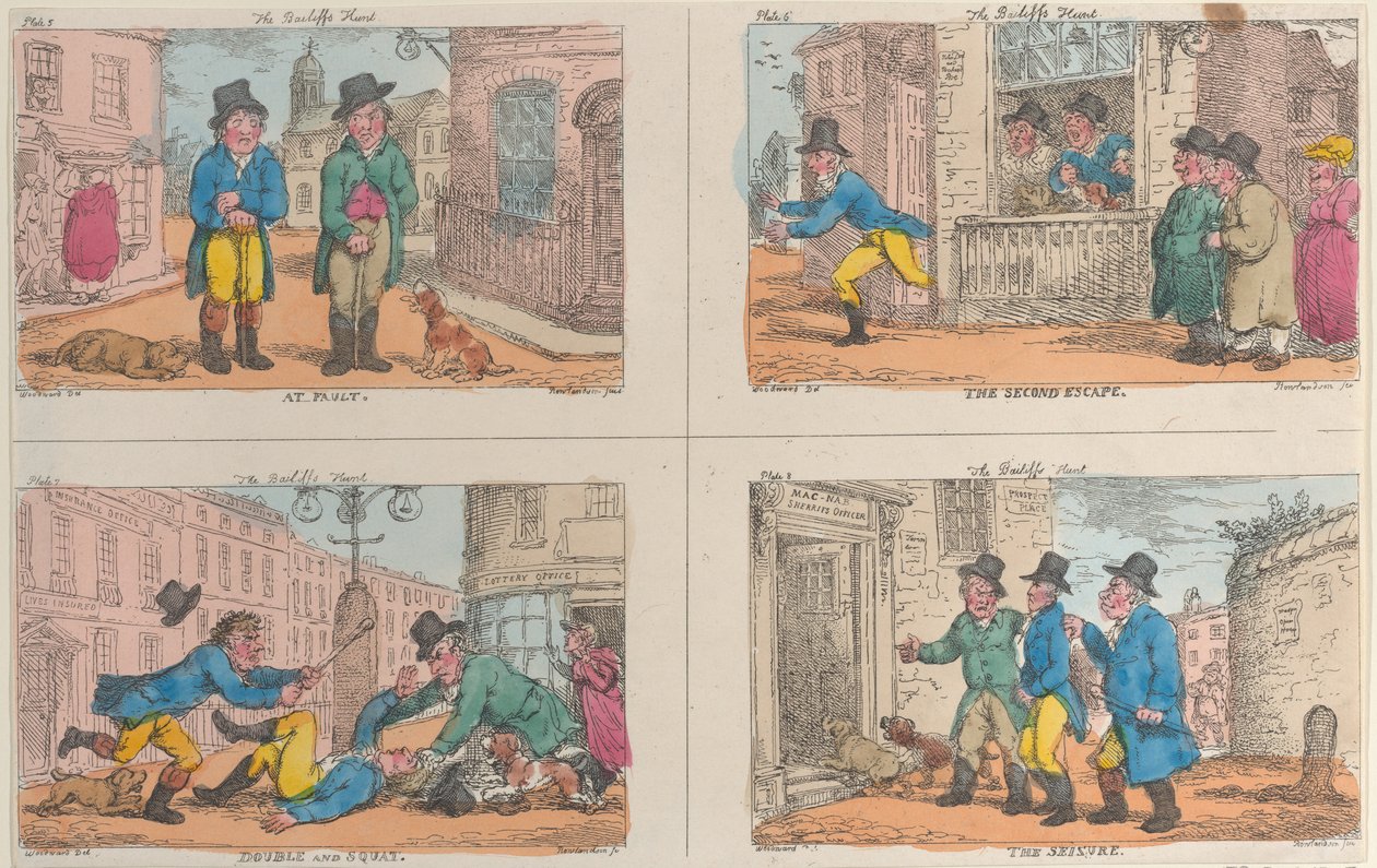 Die Jagd des Gerichtsvollziehers: Am Fehler, Die zweite Flucht, Doppel und Hocke, und Die Beschlagnahme von Thomas Rowlandson