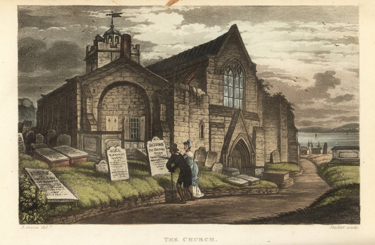 Die Kirche: alte Touristen lesen die Grabsteine auf einem gotischen Kirchhof. Handkolorierter Kupferstich von Thomas Rowlandson, Aquatinta von J.C. Stadler, nach einer Skizze von J. Green aus Poetical Sketches of Scarborough, Ackermann, London von Thomas Rowlandson