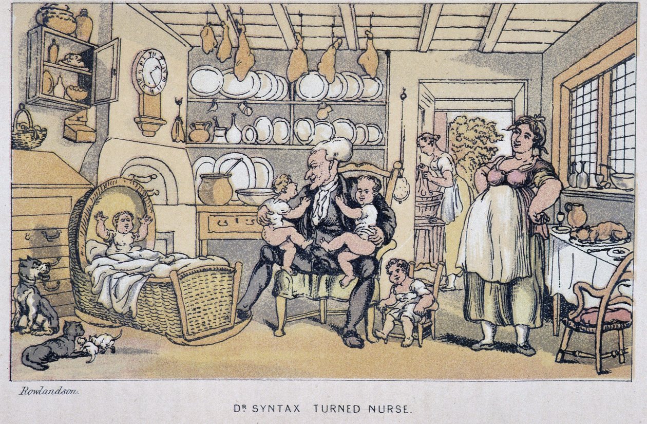 Der Doktor, der Kinder betreut - in „Die drei Reisen des Doktor Syntax: auf der Suche nach dem malerischen Trost und einer Frau“ von William Combe, ill. Rowlandson von Thomas Rowlandson