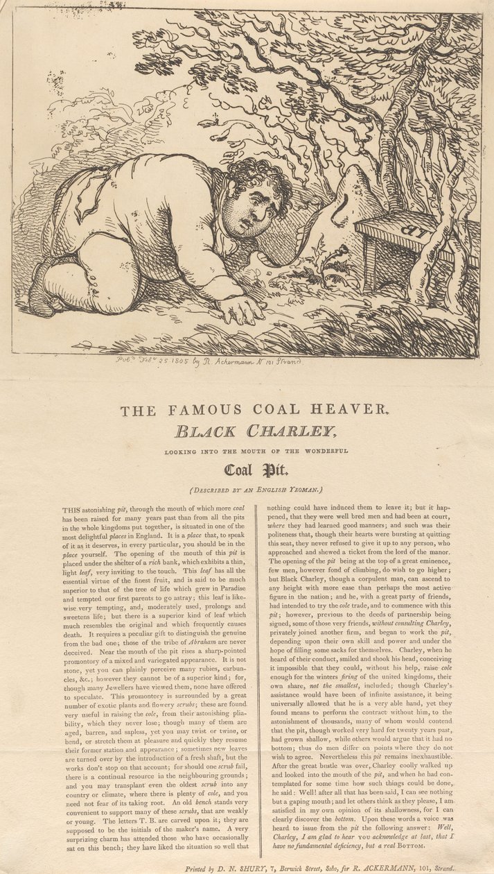 Der berühmte schwarze Kohlenhauer, Schwarzer Charley, schaut in den Mund der wunderbaren Kohlenmine von Thomas Rowlandson