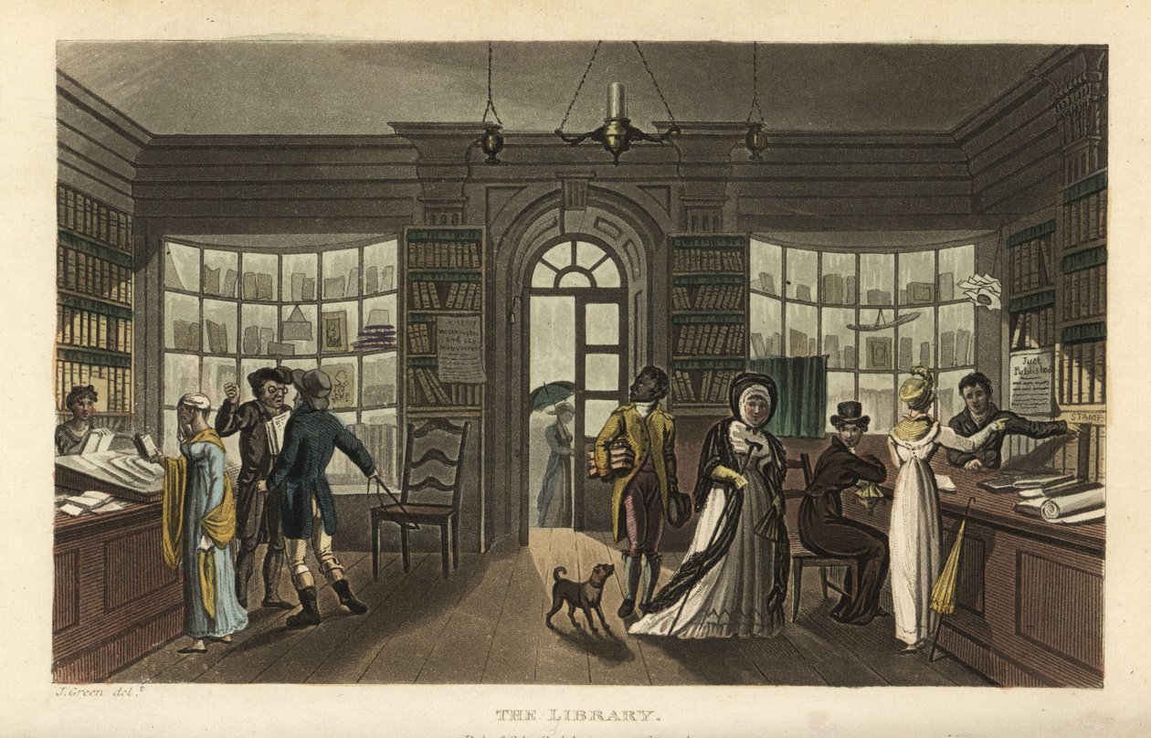 Die Bibliothek. Kunden, darunter eine Frau und ihr schwarzer Diener, betrachten neue Bücher in einer Leihbibliothek. Handkolorierter Kupferstich von Thomas Rowlandson nach einer Skizze von J. Green aus Poetical Sketches of Scarborough, Ackermann, London von Thomas Rowlandson