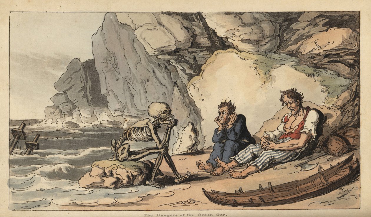 Der Tod sitzt am Strand mit zwei schiffbrüchigen Seeleuten. Handkolorierter Kupferstich von Thomas Rowlandson aus The English Dance of Death, Ackermann, London von Thomas Rowlandson
