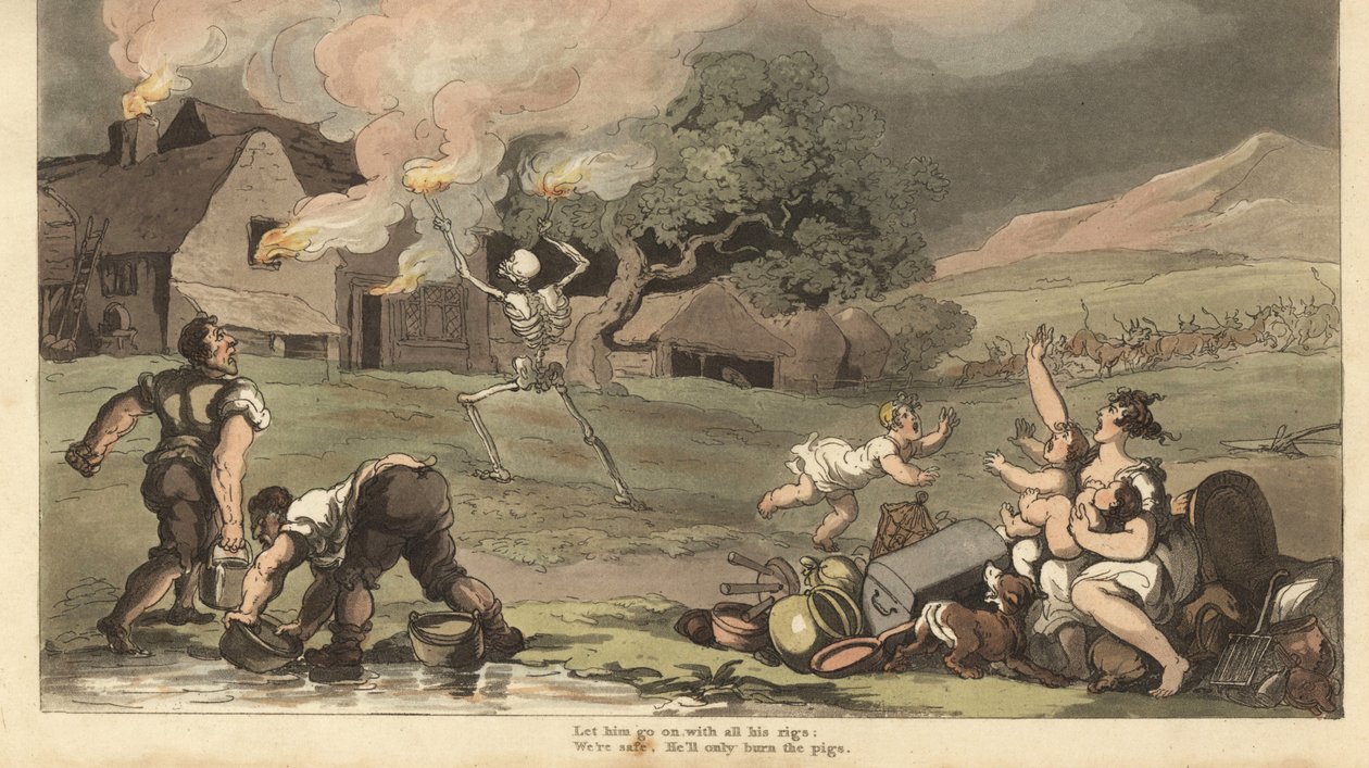 Der Tod brennt mit Fackeln ein Haus nieder, während eine Familie versucht, ihre Schätze zu retten und das Feuer mit Wasser aus dem Teich zu löschen (Handkolorierte Kupferstich von Thomas Rowlandson) von Thomas Rowlandson