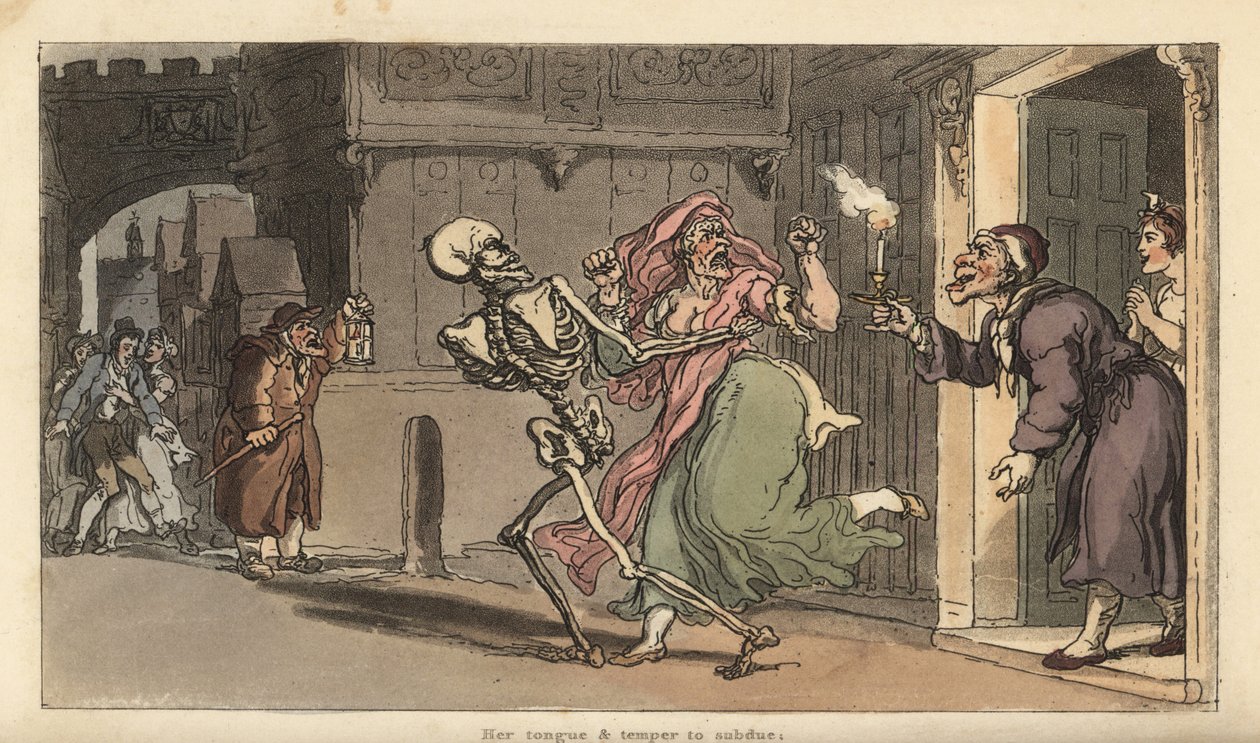 Der Tod trägt eine Virago aus einem Haus, während ein Nachtwächter mit Laterne zusieht. Handkolorierte Kupferplatte gezeichnet und graviert von Thomas Rowlandson aus The English Dance of Death, Ackermann, London von Thomas Rowlandson