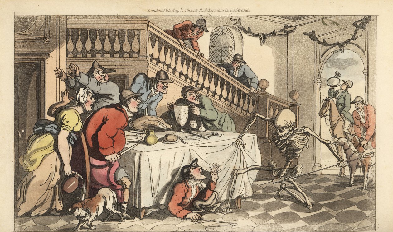 Der Tod kommt für einen Jäger, der sich nach einer Fuchsjagd unter einem Tisch versteckt. Handkolorierte Kupferplatte, gezeichnet und graviert von Thomas Rowlandson aus The English Dance of Death, Ackermann, London von Thomas Rowlandson