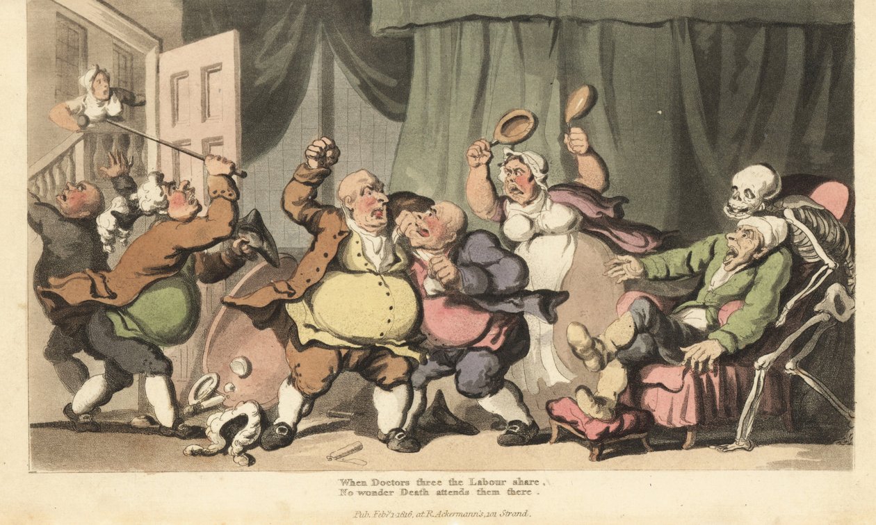 Der Tod kommt für einen kranken Mann, während drei Quacksalber kämpfen und eine Magd sie mit Bettpfannen angreift. Handkolorierter Kupferstich von Thomas Rowlandson aus The English Dance of Death, Ackermann, London von Thomas Rowlandson