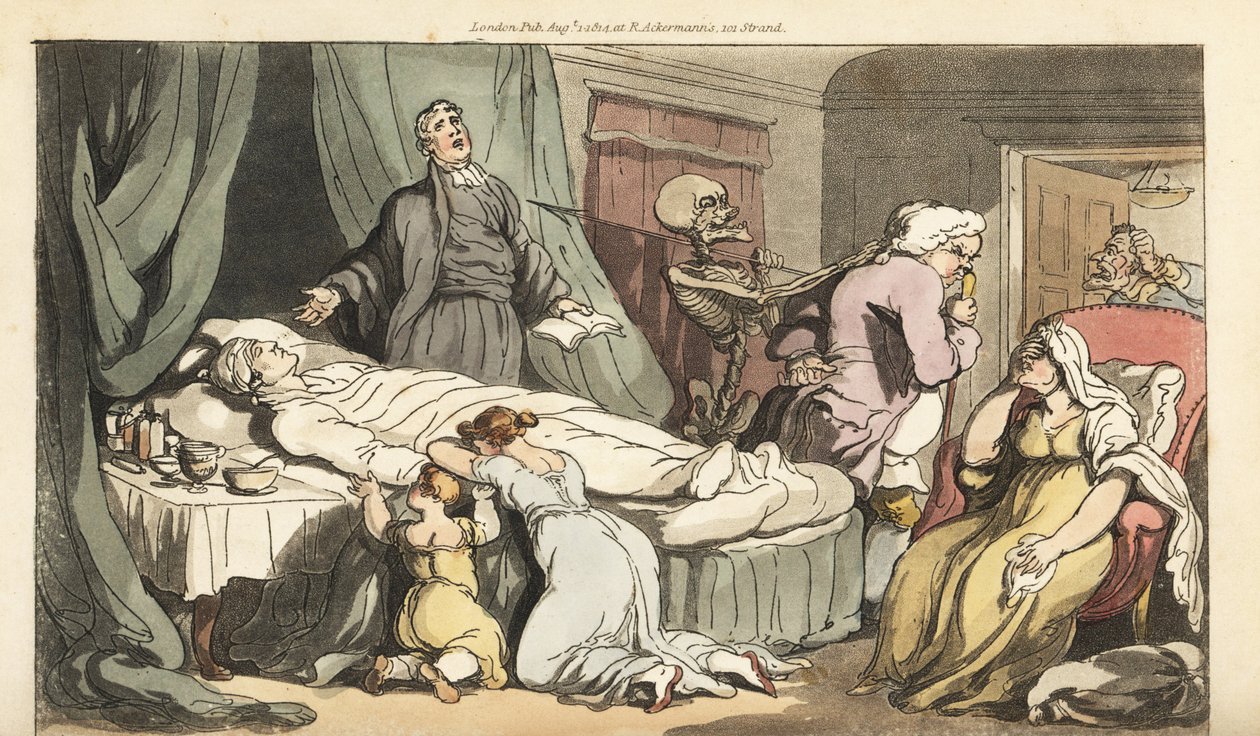 Der Tod kommt für den Doktor, während der Priester über den toten Körper eines guten Mannes betet, der von seiner Frau und seinem Kind betrauert wird. Handkolorierte Kupferstichzeichnung und -gravur von Thomas Rowlandson aus The English Dance of Death, Ack von Thomas Rowlandson