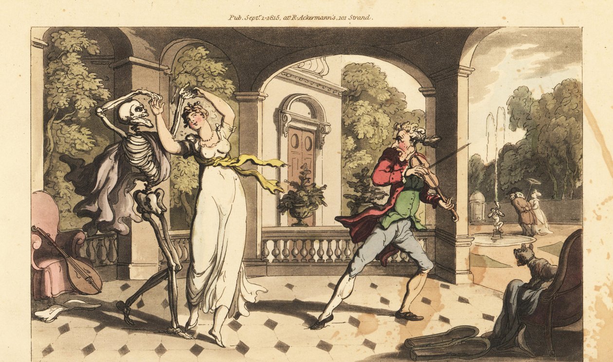 Das Skelett des Todes in einem Umhang tanzt einen letzten Walzer mit der zerbrechlichen Caelia, während ihr Tanzlehrer entsetzt zusieht. Handkolorierte Kupferplatte gezeichnet und graviert von Thomas Rowlandson aus „The English Dance of Death“, Ackermann,  von Thomas Rowlandson