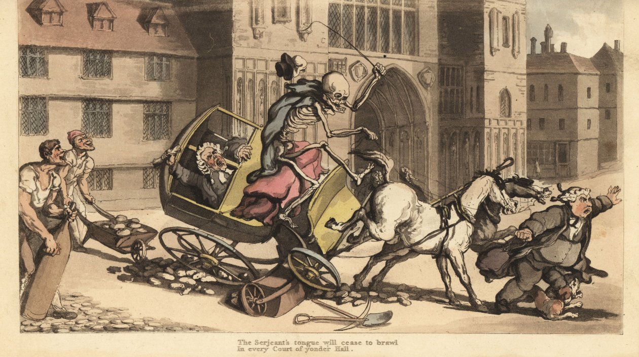 Das Skelett des Todes in Mantel und Mütze fährt eine zweispännige Kutsche, die in Straßenarbeiten stürzt und seinen Passagier, einen Gerichtsbeamten, tötet. Handkolorierte Kupferstichzeichnung und -gravur von Thomas Rowlandson aus The English Dance of Deat von Thomas Rowlandson