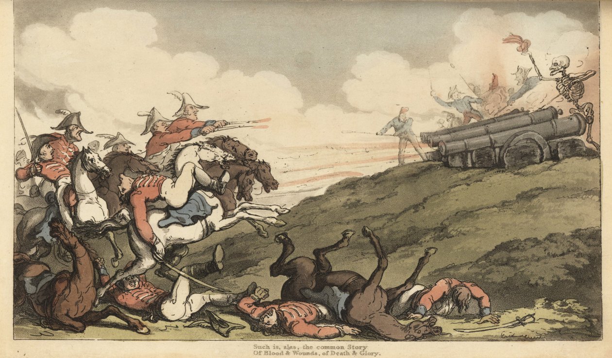 Der Skelett des Todes feuert eine Kanonensalve auf einen englischen Kavallerieangriff ab. Handkolorierte Kupferplatte gezeichnet und graviert von Thomas Rowlandson aus The English Dance of Death, Ackermann, London von Thomas Rowlandson