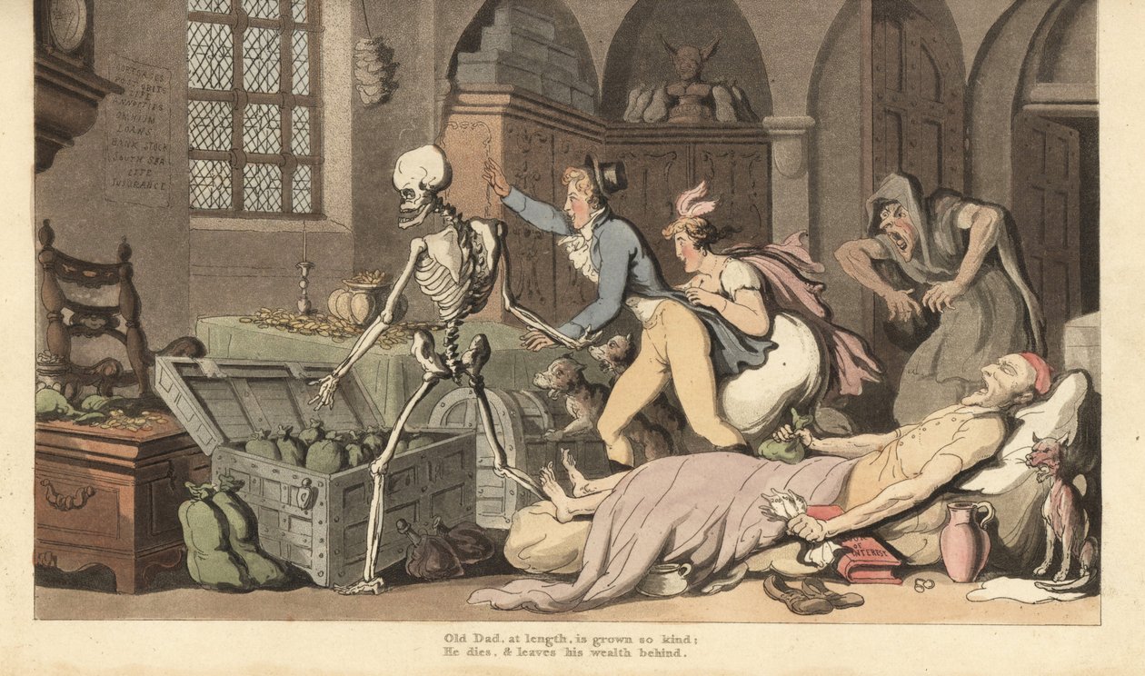 Der Skeletttod führt gierige Kinder zu der Goldtruhe eines Geizhalses, der tot auf einem Bett liegt und ein Testament und einen Geldbeutel hält. Handkolorierte Kupferplatte gezeichnet und graviert von Thomas Rowlandson aus The English Dance of Death, Acker von Thomas Rowlandson