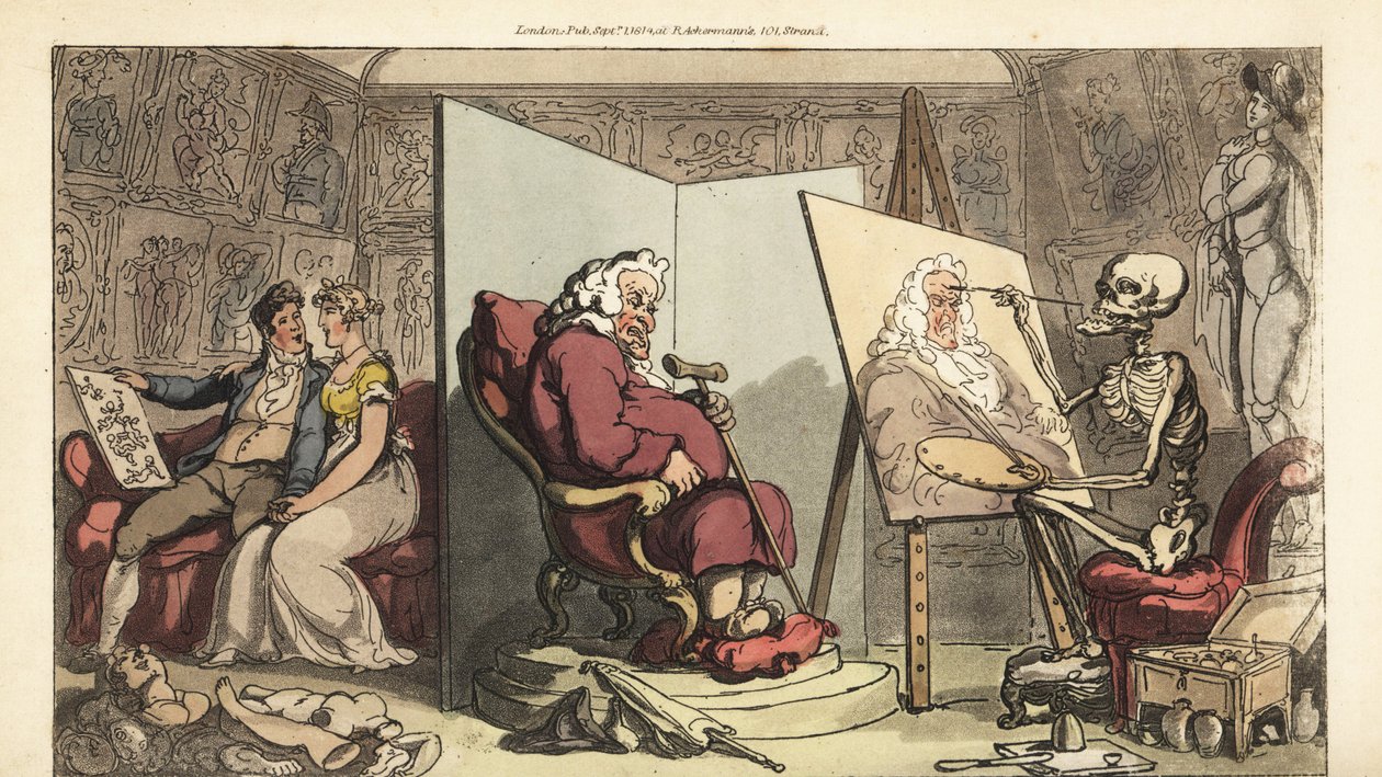 Der Tod malt ein Porträt eines Stadtrats, während seine junge Dienerin hinter dem Paravent mit einem galanten Künstler flirtet. Handkolorierte Kupferplatte gezeichnet und graviert von Thomas Rowlandson aus The English Dance of Death, Ackermann, London von Thomas Rowlandson