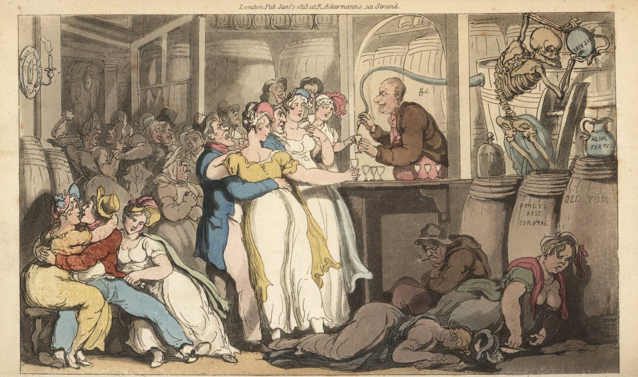 Der Skeletttod gießt Vitriol und Aqua Fortis in die Fässer in einer Dram-Bar (Gin-Bar). Mehrere Schönheiten trinken an der Bar, während seine Opfer tot neben den Fässern liegen. Handkolorierte Kupferplatte gezeichnet und graviert von Thomas Rowlandson von Thomas Rowlandson