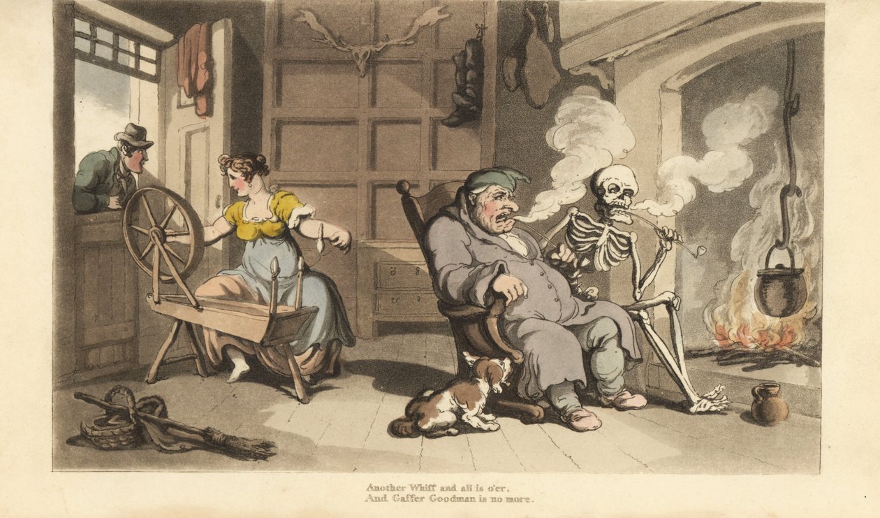 Das Skelett des Todes raucht eine Pfeife am Kamin mit dem alten Gaffer Goodman, während seine junge Frau von einem Verehrer am Fenster verführt wird. Handkolorierte Kupferplatte gezeichnet und graviert von Thomas Rowlandson aus „The English Dance of Death“ von Thomas Rowlandson