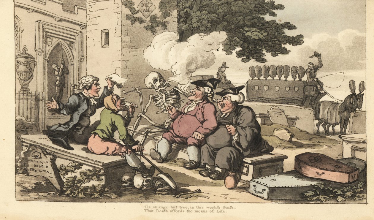Der Tod raucht eine Pfeife auf einem Grabstein mit Männern, die vom Tod leben - Priester, Totengräber, Bestatter, Glockenläuter, Leichenwagenfahrer und Anwalt. Handkolorierter Kupferstich von Thomas Rowlandson aus The English Dance of Death von Thomas Rowlandson